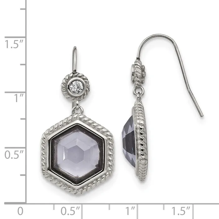 Earrings TreasureFineJewelers Stainless Steel Antiqued and Polished wGrey Glass and CZ Earrings