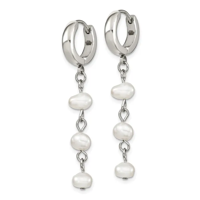 Earrings TreasureFineJewelers Stainless Steel Polished wFreshwater Cultured Pearl Hinged Hoop Earrings