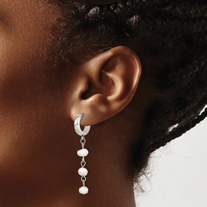 Earrings TreasureFineJewelers Stainless Steel Polished wFreshwater Cultured Pearl Hinged Hoop Earrings