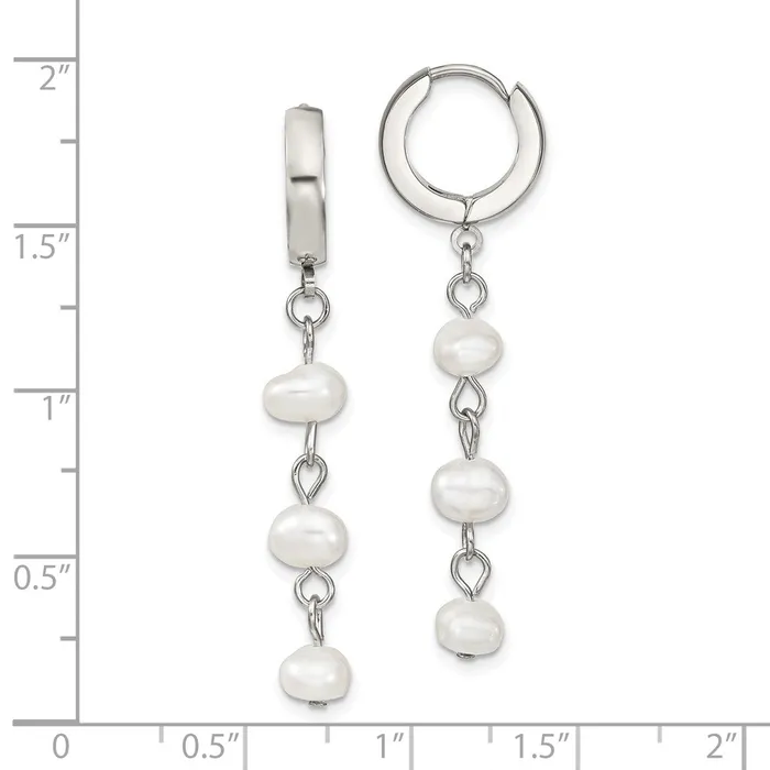 Earrings TreasureFineJewelers Stainless Steel Polished wFreshwater Cultured Pearl Hinged Hoop Earrings