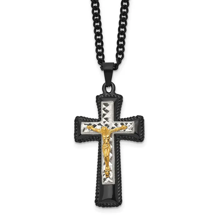 Necklaces Chisel Stainless Steel Polished Black IPplated Goldplated and SilverPlated Brass Crucifix on a 24 inch Curb Chain Necklace TreasureFineJewelers
