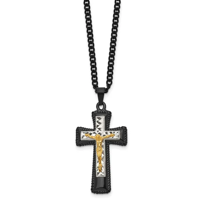 Necklaces Chisel Stainless Steel Polished Black IPplated Goldplated and SilverPlated Brass Crucifix on a 24 inch Curb Chain Necklace TreasureFineJewelers