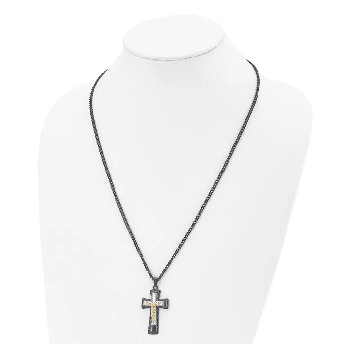 Necklaces Chisel Stainless Steel Polished Black IPplated Goldplated and SilverPlated Brass Crucifix on a 24 inch Curb Chain Necklace TreasureFineJewelers