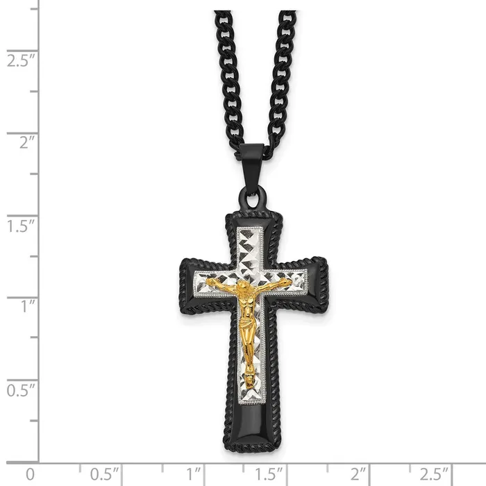 Necklaces Chisel Stainless Steel Polished Black IPplated Goldplated and SilverPlated Brass Crucifix on a 24 inch Curb Chain Necklace TreasureFineJewelers