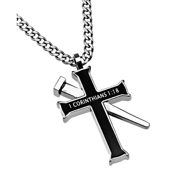 Necklaces North Arrow Shop 1 CORINTHIANS 118 Black Cross and Nail Necklace with Bible Verse Stainless Steel Curb Chain