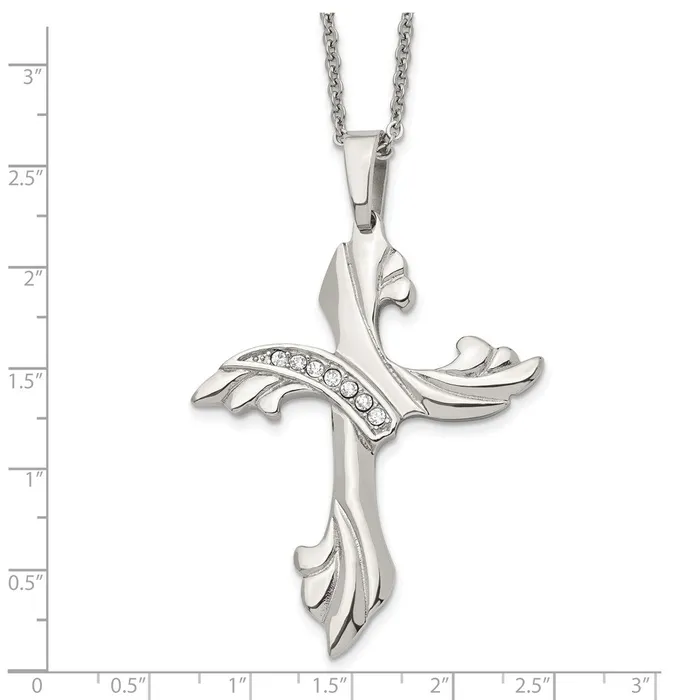 Necklaces TreasureFineJewelers Chisel Stainless Steel Polished with CZ Swirl Cross Pendant on a 20 inch Cable Chain Necklace