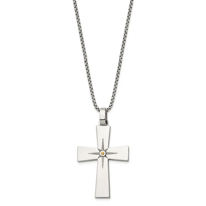 Necklaces TreasureFineJewelers Stainless Steel Polished Yellow IPplated 24in Cross Necklace