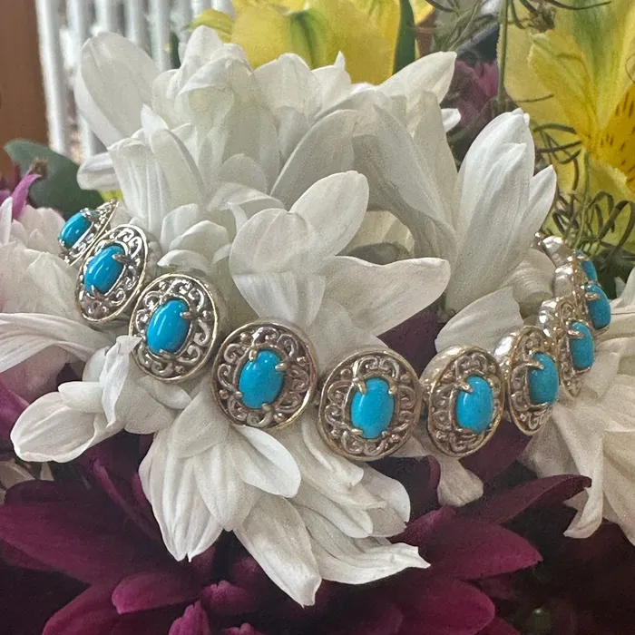Sterling Silver and Gold Plated Faux Turquoise Bracelet 55504093 ONeills Estate Jewelry Bracelets Sterling Silver and Gold Plated Faux Turquoise Bracelet 55504093 ONeills Estate Jewelry Bracelets