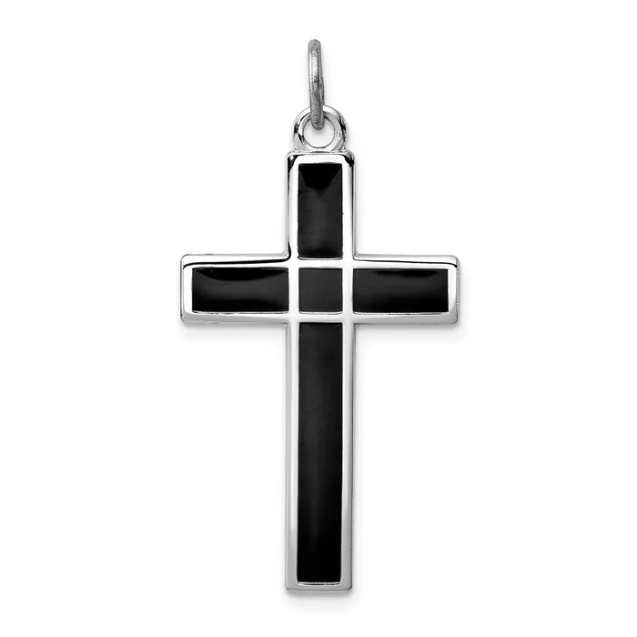 Sterling Silver Rhodiumplated Brshed Polished Enml Black Cross Pendant TreasureFineJewelers Necklaces Sterling Silver Rhodiumplated Brshed Polished Enml Black Cross Pendant TreasureFineJewelers Necklaces