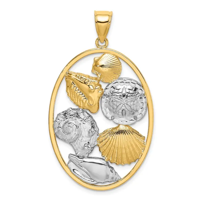 TreasureFineJewelers 14k with White Rhodium Shell Cluster In Oval Frame Charm Charm Necklaces TreasureFineJewelers 14k with White Rhodium Shell Cluster In Oval Frame Charm Charm Necklaces