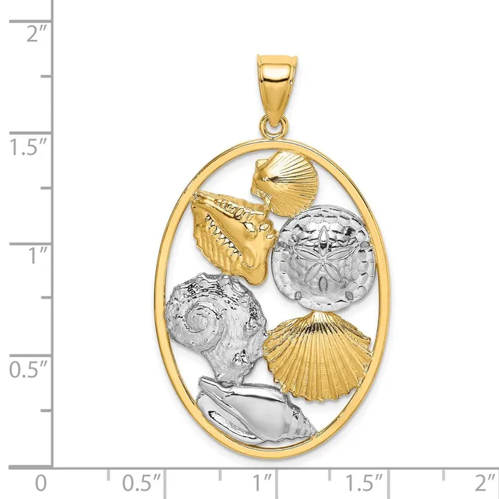 TreasureFineJewelers 14k with White Rhodium Shell Cluster In Oval Frame Charm Charm Necklaces