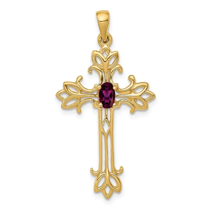 TreasureFineJewelers 14k Yellow Gold 5x3mm Oval Rhodolite Garnet cross pendant Necklaces TreasureFineJewelers 14k Yellow Gold 5x3mm Oval Rhodolite Garnet cross pendant Necklaces