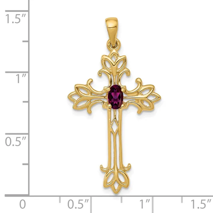 TreasureFineJewelers 14k Yellow Gold 5x3mm Oval Rhodolite Garnet cross pendant Necklaces
