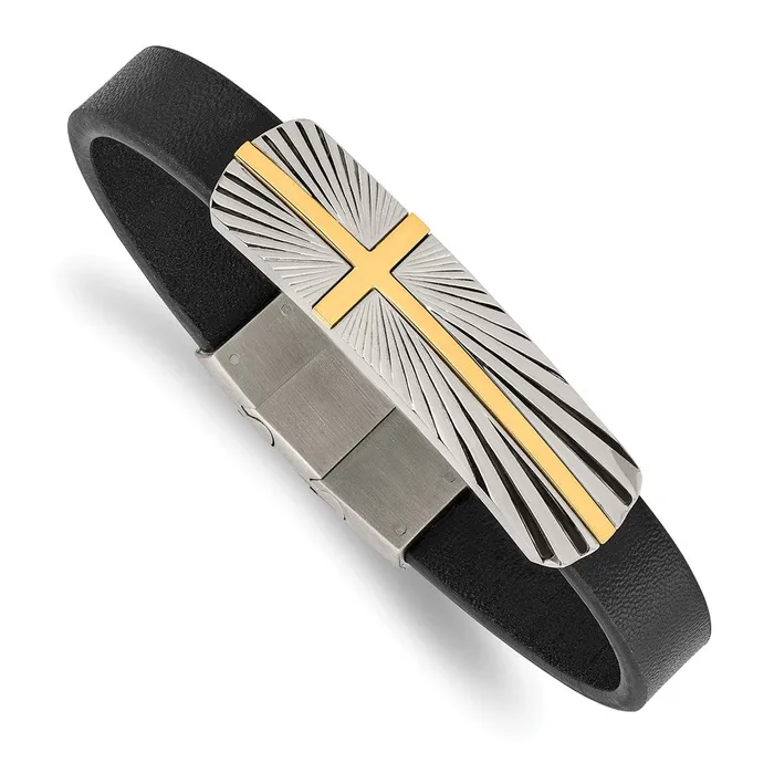 TreasureFineJewelers Bracelets Chisel Stainless Steel Polished Yellow IPplated Cross Black Leather 8 inch Bracelet with 5 inch Extension TreasureFineJewelers Bracelets Chisel Stainless Steel Polished Yellow IPplated Cross Black Leather 8 inch Bracelet with 5 inch Extension