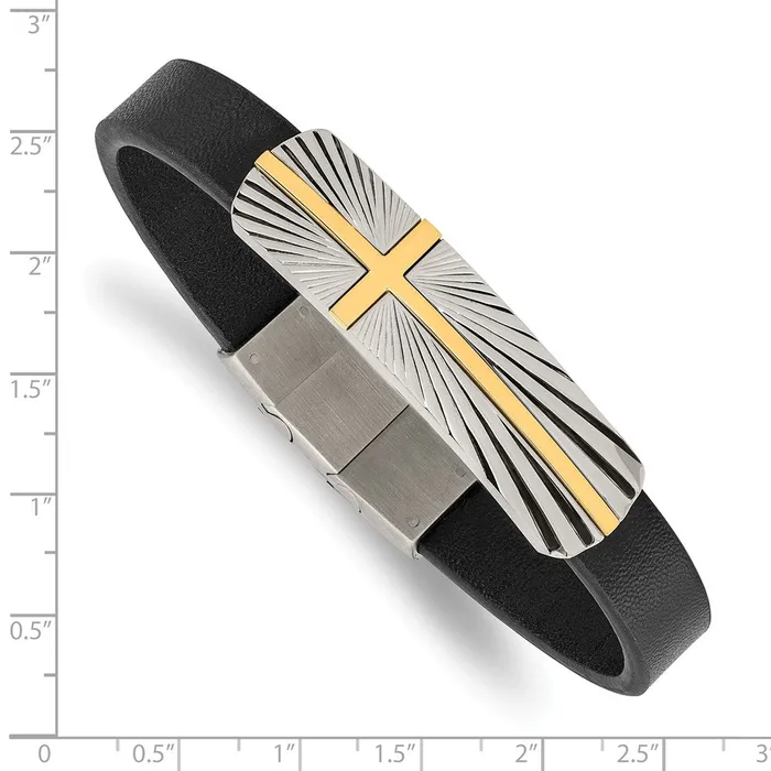 TreasureFineJewelers Bracelets Chisel Stainless Steel Polished Yellow IPplated Cross Black Leather 8 inch Bracelet with 5 inch Extension