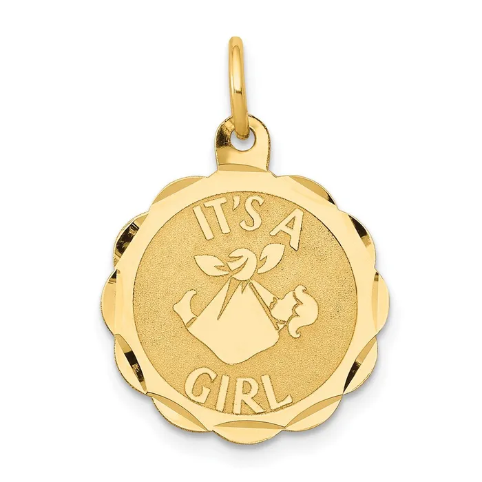 TreasureFineJewelers Charm Necklaces 14k Yellow Gold Polished ITS A GIRL Scalloped Disc Charm