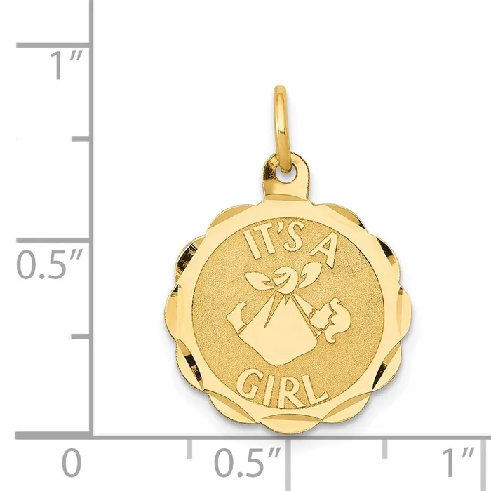 TreasureFineJewelers Charm Necklaces 14k Yellow Gold Polished ITS A GIRL Scalloped Disc Charm