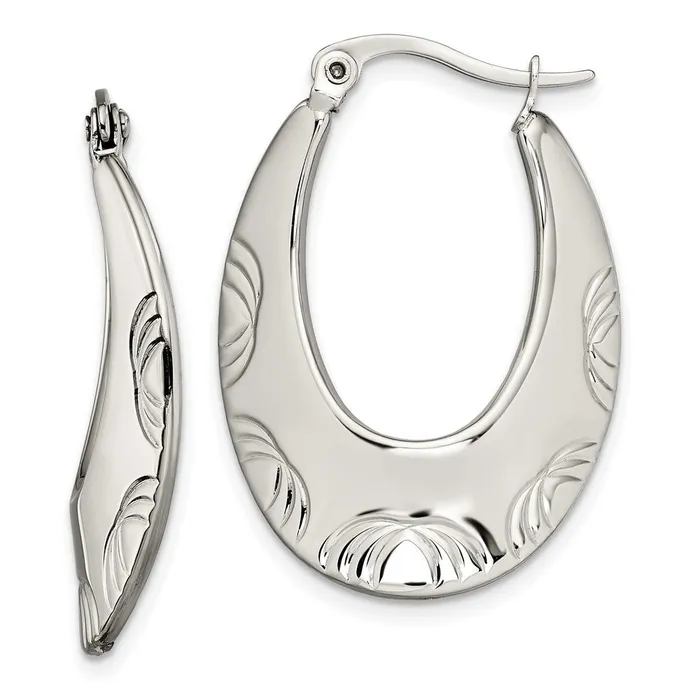 TreasureFineJewelers Earrings Stainless Steel Polished and Textured Half Circle Design Hoop Earrings TreasureFineJewelers Earrings Stainless Steel Polished and Textured Half Circle Design Hoop Earrings