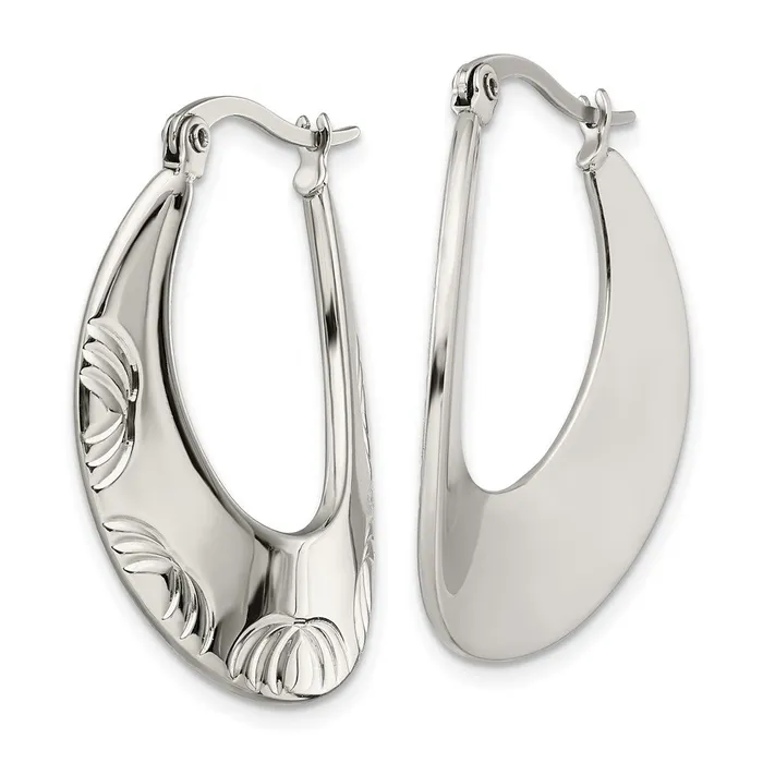 TreasureFineJewelers Earrings Stainless Steel Polished and Textured Half Circle Design Hoop Earrings