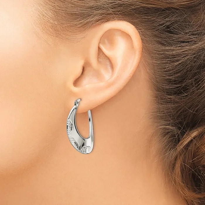 TreasureFineJewelers Earrings Stainless Steel Polished and Textured Half Circle Design Hoop Earrings
