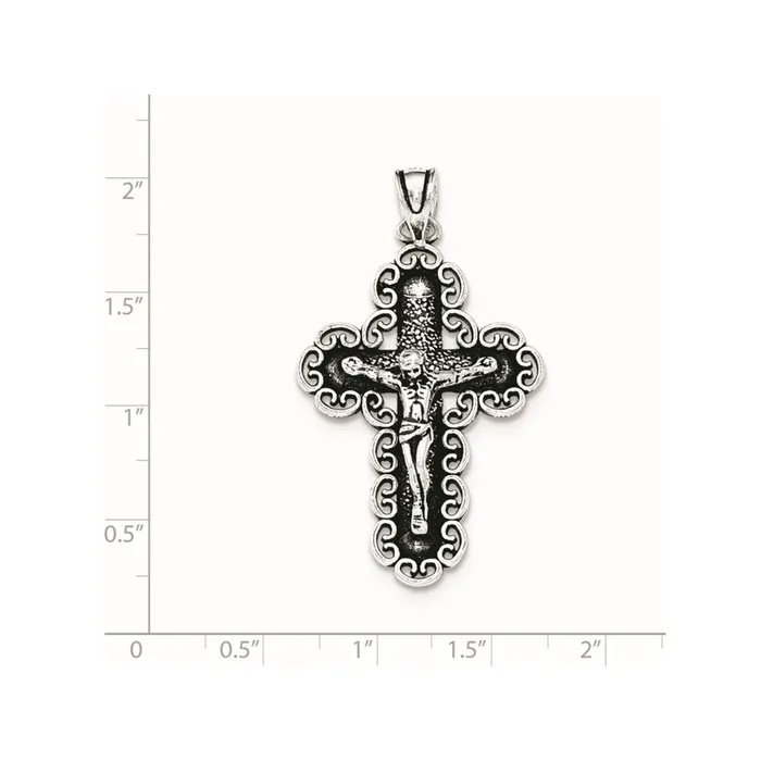 TreasureFineJewelers Necklaces Sterling Silver Antiqued Filigree Cross INRI Crucifix Pendant