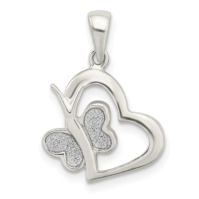 TreasureFineJewelers Necklaces Sterling Silver Polished Glitter Enamel Heart wButterfly Pendant TreasureFineJewelers Necklaces Sterling Silver Polished Glitter Enamel Heart wButterfly Pendant