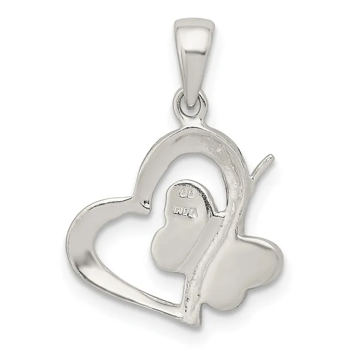 TreasureFineJewelers Necklaces Sterling Silver Polished Glitter Enamel Heart wButterfly Pendant