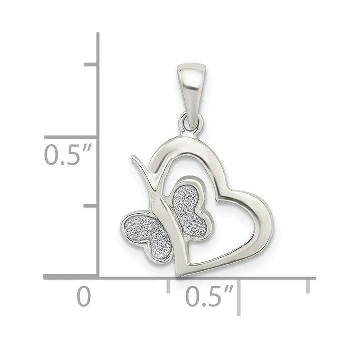 TreasureFineJewelers Necklaces Sterling Silver Polished Glitter Enamel Heart wButterfly Pendant