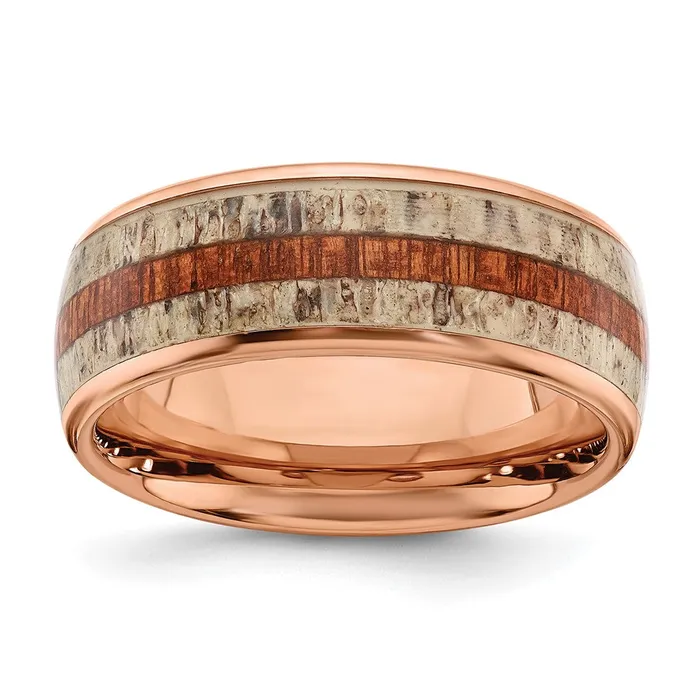 TreasureFineJewelers Stainless Steel Polished Rose IP wWood and Antler Inlay 8mm Band Rings TreasureFineJewelers Stainless Steel Polished Rose IP wWood and Antler Inlay 8mm Band Rings
