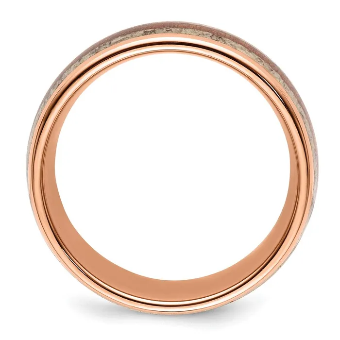 TreasureFineJewelers Stainless Steel Polished Rose IP wWood and Antler Inlay 8mm Band Rings