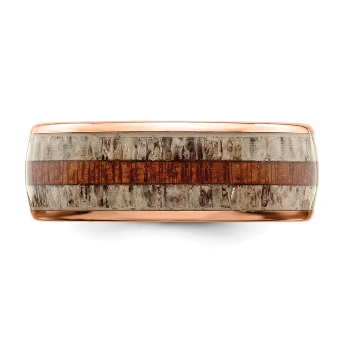 TreasureFineJewelers Stainless Steel Polished Rose IP wWood and Antler Inlay 8mm Band Rings