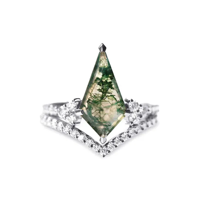 Trendolla 14K Gold Moss Agate And CZ Diamond Ring Set Trendolla Jewelry Rings Trendolla 14K Gold Moss Agate And CZ Diamond Ring Set Trendolla Jewelry Rings