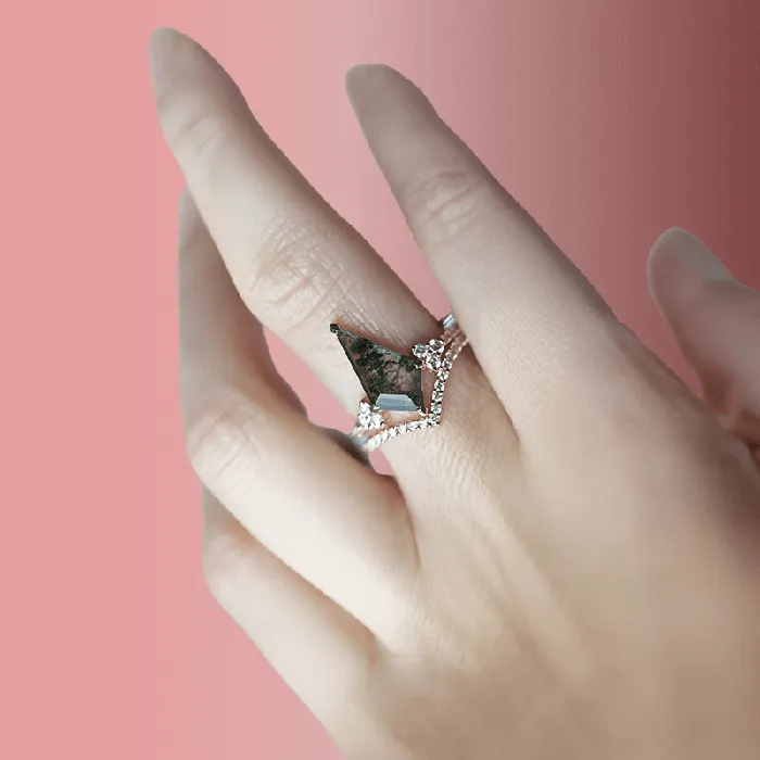 Trendolla 14K Gold Moss Agate And CZ Diamond Ring Set Trendolla Jewelry Rings