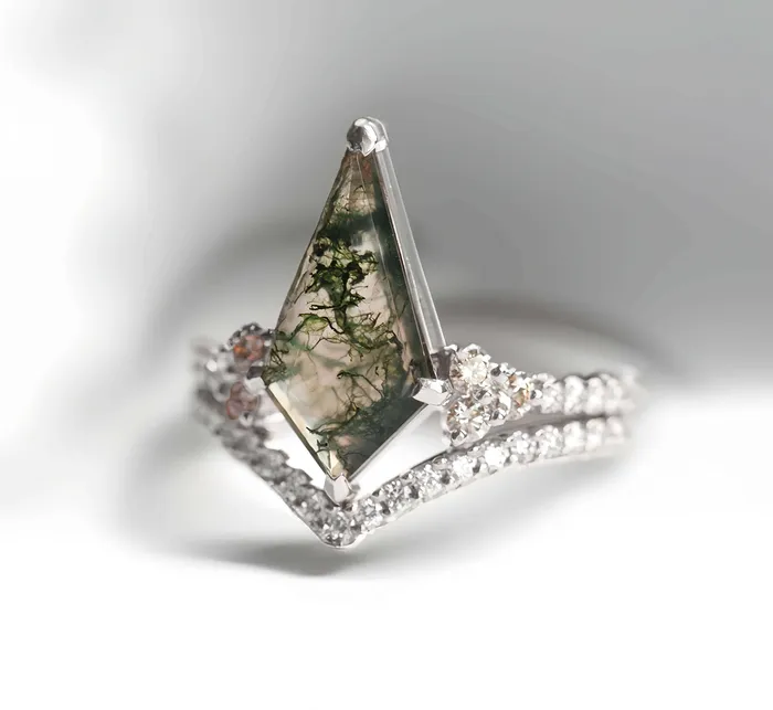 Trendolla 14K Gold Moss Agate And CZ Diamond Ring Set Trendolla Jewelry Rings