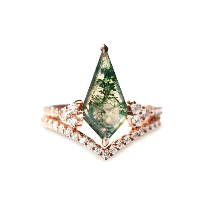 Trendolla 14K Gold Moss Agate And CZ Diamond Ring Set Trendolla Jewelry Rings