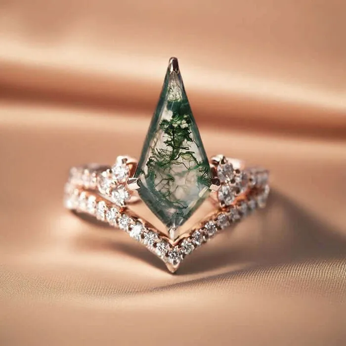 Trendolla 14K Gold Moss Agate And CZ Diamond Ring Set Trendolla Jewelry Rings