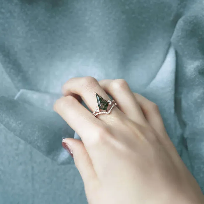 Trendolla 14K Gold Moss Agate And CZ Diamond Ring Set Trendolla Jewelry Rings
