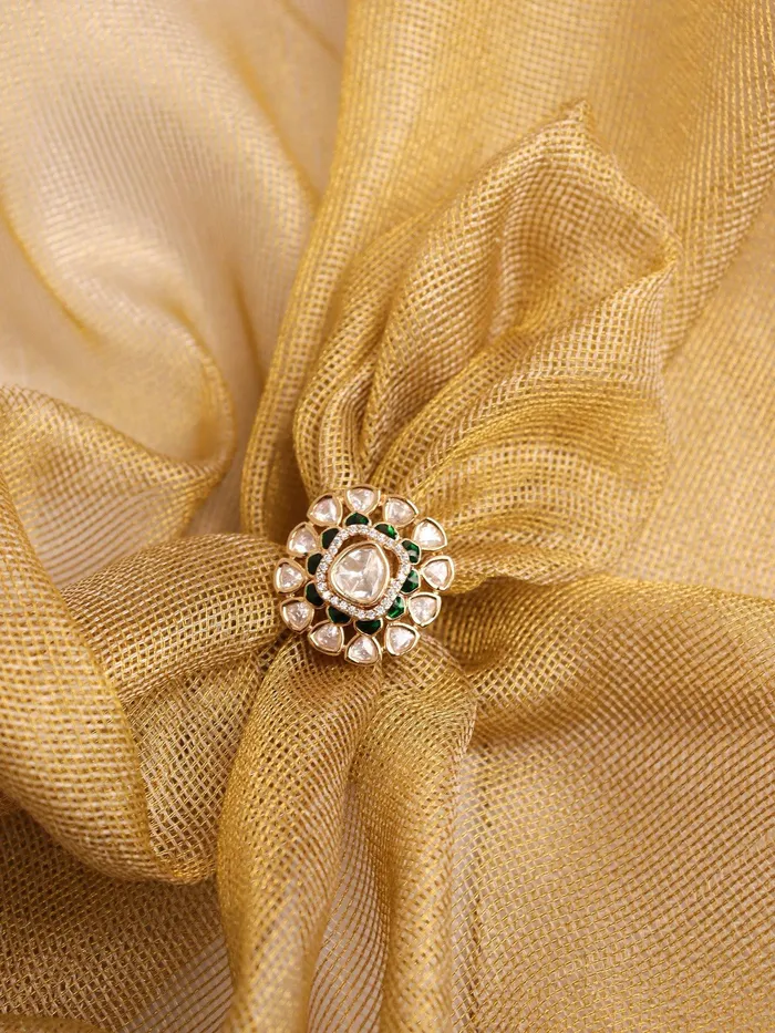 18 KT Gold Toned Uncut Polki Studded Ajustable Ring Curio Cottage Rings