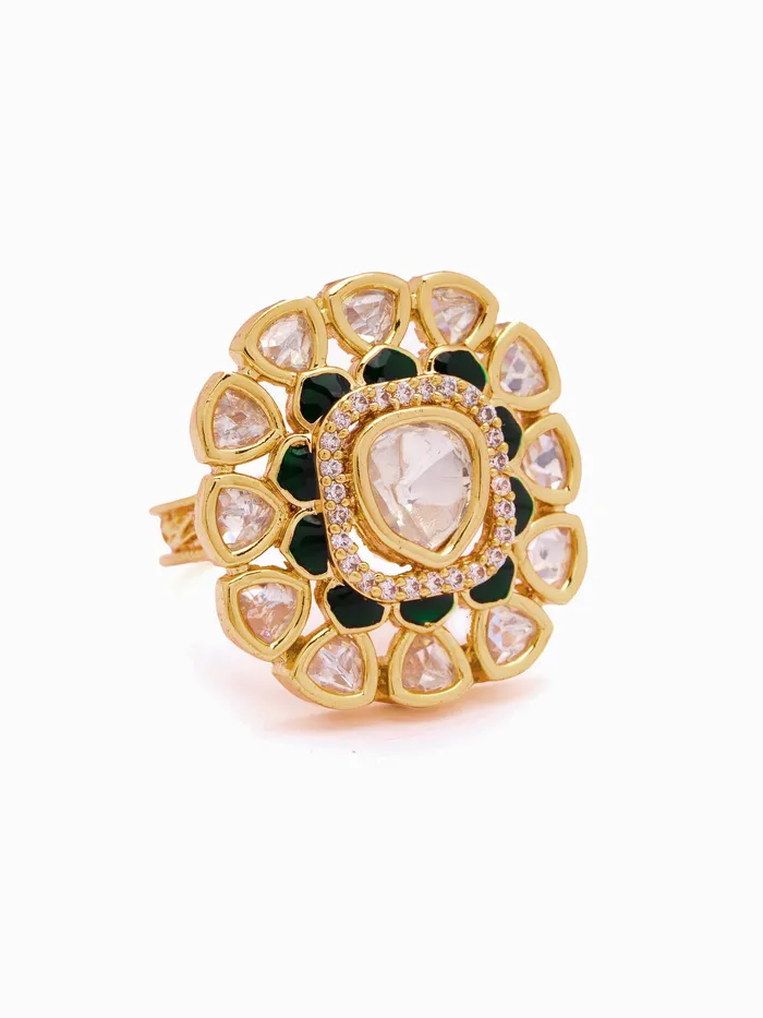 18 KT Gold Toned Uncut Polki Studded Ajustable Ring Curio Cottage Rings