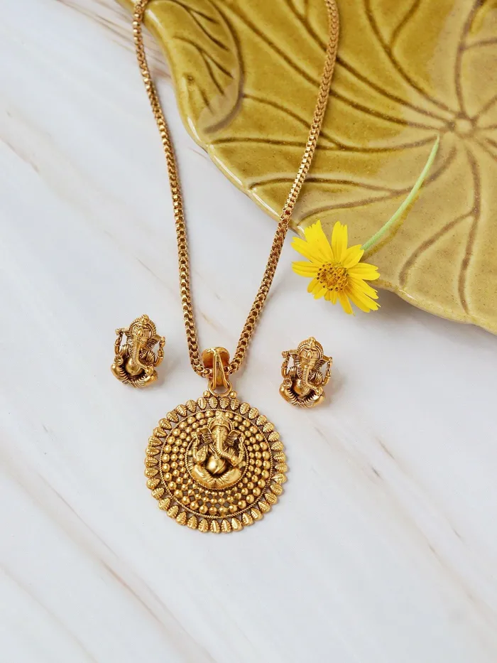 Earrings 22K Gold Plated Ganesha Centered Pendant Set With Earrings Curio Cottage