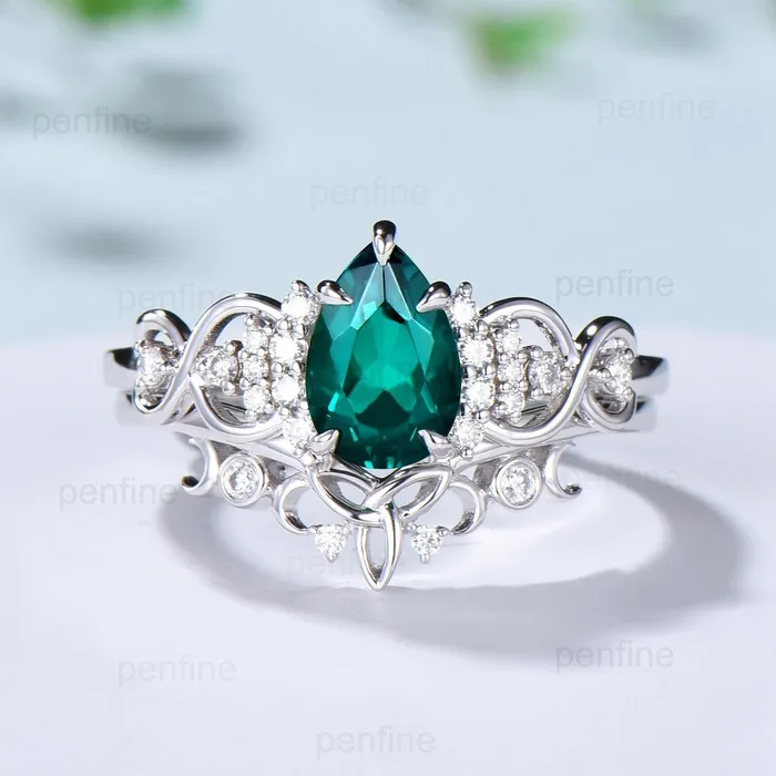 Celtic Love emerald wedding set vintage emerald engagement ring set pear shaped Norse Viking Cluster emerald diamonds Knot bridal ring set PENFINE Rings Celtic Love emerald wedding set vintage emerald engagement ring set pear shaped Norse Viking Cluster emerald diamonds Knot bridal ring set PENFINE Rings