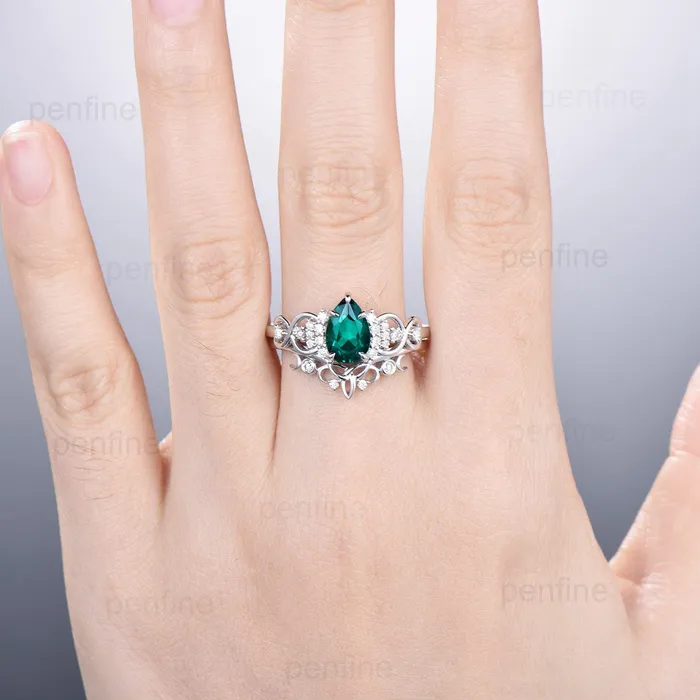 Celtic Love emerald wedding set vintage emerald engagement ring set pear shaped Norse Viking Cluster emerald diamonds Knot bridal ring set PENFINE Rings