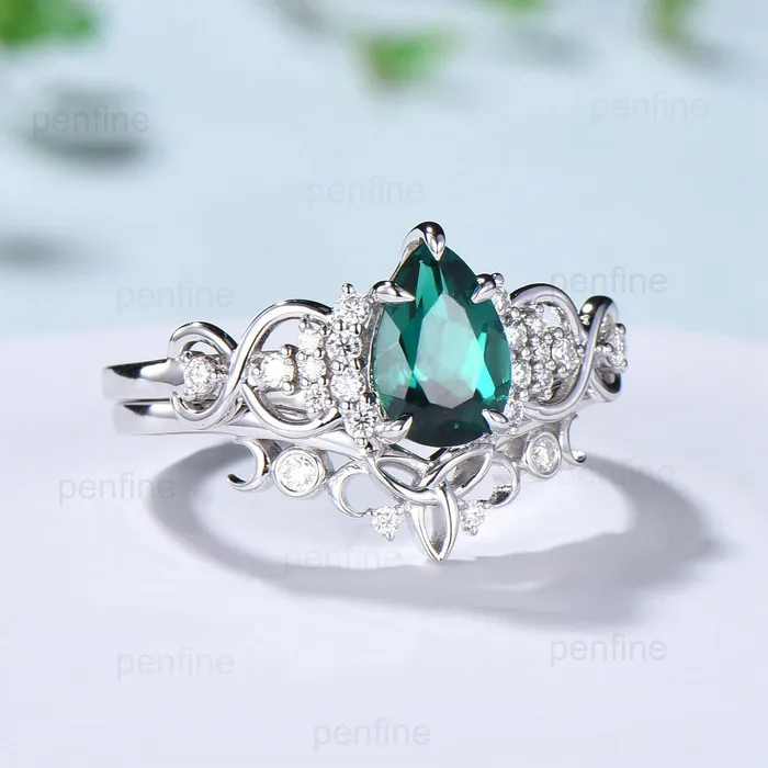 Celtic Love emerald wedding set vintage emerald engagement ring set pear shaped Norse Viking Cluster emerald diamonds Knot bridal ring set PENFINE Rings