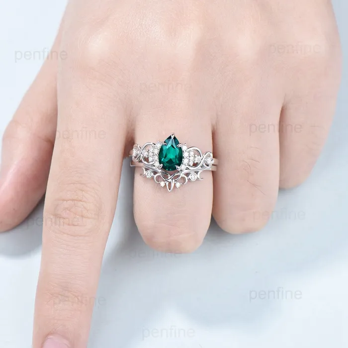 Celtic Love emerald wedding set vintage emerald engagement ring set pear shaped Norse Viking Cluster emerald diamonds Knot bridal ring set PENFINE Rings