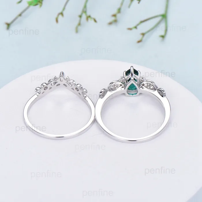 Celtic Love emerald wedding set vintage emerald engagement ring set pear shaped Norse Viking Cluster emerald diamonds Knot bridal ring set PENFINE Rings