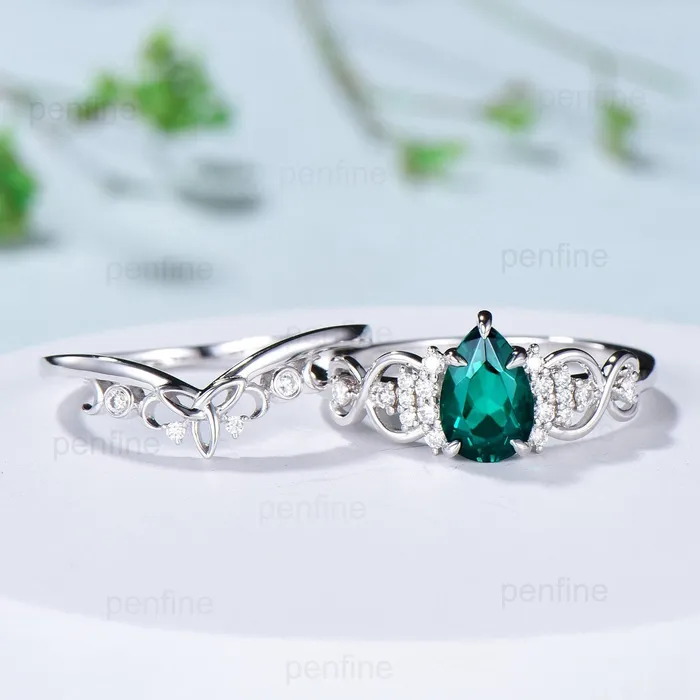 Celtic Love emerald wedding set vintage emerald engagement ring set pear shaped Norse Viking Cluster emerald diamonds Knot bridal ring set PENFINE Rings