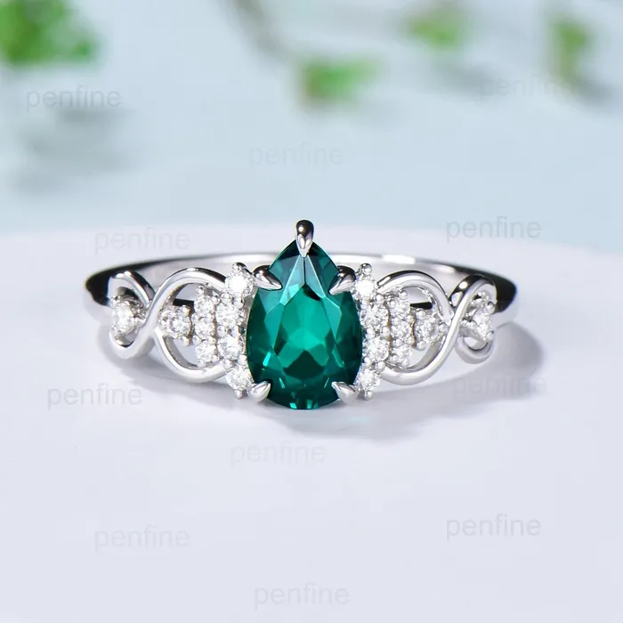 Celtic Love emerald wedding set vintage emerald engagement ring set pear shaped Norse Viking Cluster emerald diamonds Knot bridal ring set PENFINE Rings
