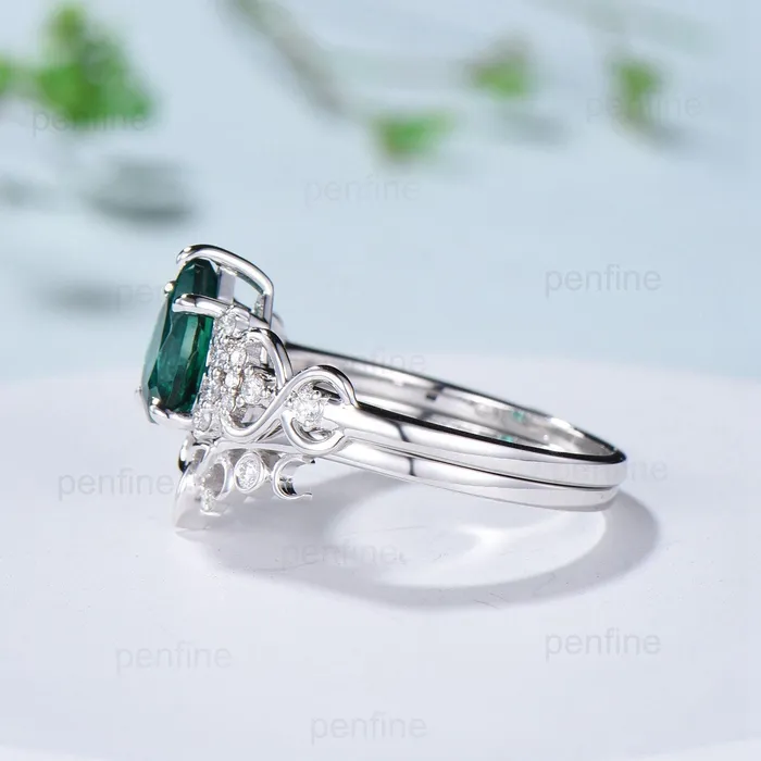 Celtic Love emerald wedding set vintage emerald engagement ring set pear shaped Norse Viking Cluster emerald diamonds Knot bridal ring set PENFINE Rings