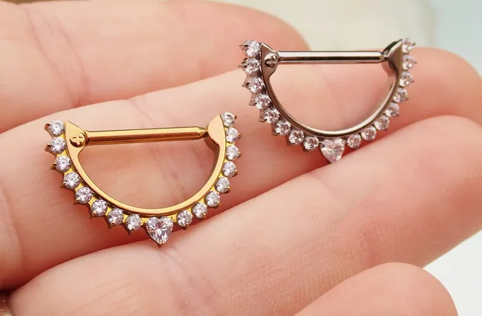 Clear CZ Heart 14g Titanium Nipple Clicker Body Clickers Necklaces