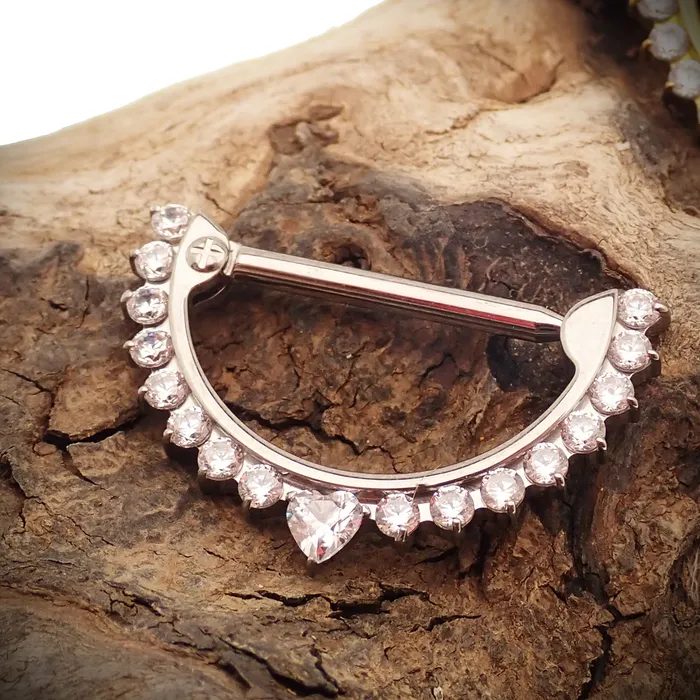 Clear CZ Heart 14g Titanium Nipple Clicker Body Clickers Necklaces
